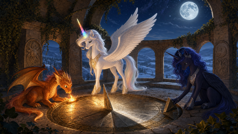 Luna the white alicorn with feathered wings and a rainbow horn stands in a moonlit ancient sundial hall with Ember the small orange dragon and Malara the dark alicorn, as a cracked bronze sun-disk glows with warm gold and silver light
