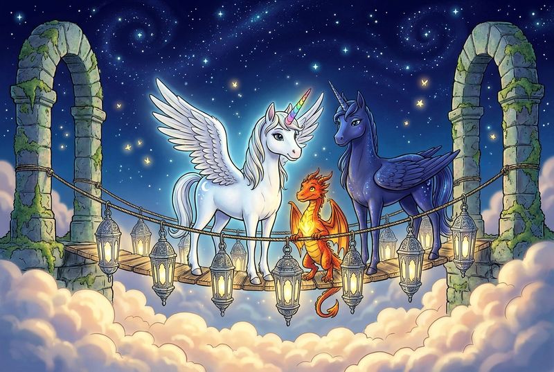 Luna the white alicorn with feathered wings and rainbow horn standing with Ember the orange dragon and Malara the dark alicorn on a swaying bridge of hanging lanterns above shining clouds