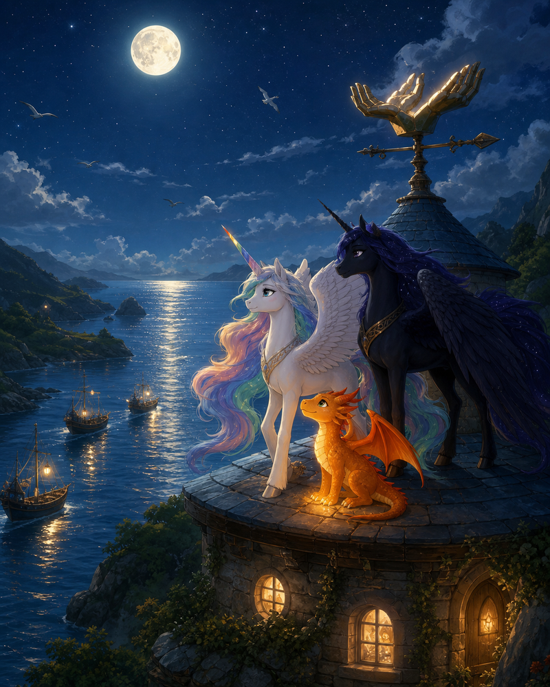 Luna the white alicorn with feathered wings and a rainbow horn stands with Ember the orange dragon and Malara the dark alicorn beside a moonlit stone tide house on the Listening Isles, while an old weather vane turns above silver water and small boats return safely to shore