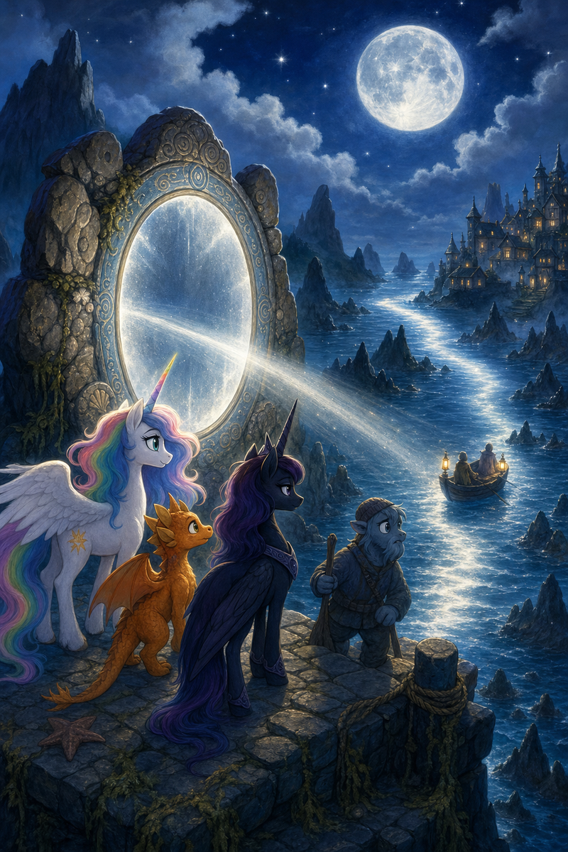 Luna the white alicorn with feathered wings and rainbow horn standing on a moonlit harbor pier beside Ember the orange dragon and Malara the dark alicorn, while an ancient tide mirror shines a silver path across misty water toward a little skiff entering shelter