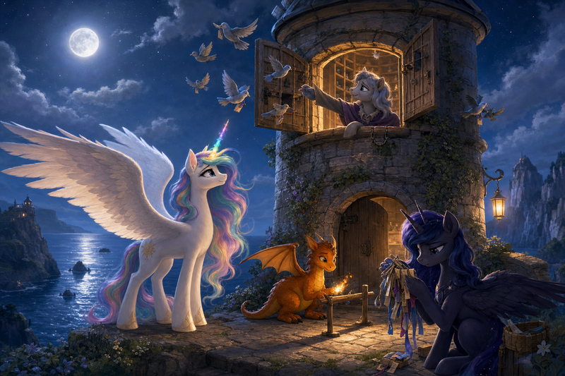 Luna the white alicorn with feathered wings and rainbow horn standing beside an old stone bird tower on a moonlit cliff with Ember the orange dragon warming a perch, Malara the dark alicorn checking message tags, and a tired mare keeper opening the tower window as birds circle overhead