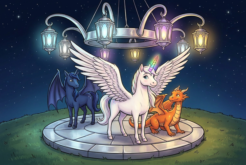 Luna the white alicorn with feathered wings and rainbow horn standing with Ember the orange dragon and Malara the dark alicorn beneath a turning crown of silver lanterns under the night sky