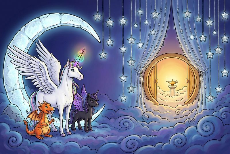 Luna the white alicorn with feathered wings and rainbow horn standing with Ember the orange dragon and Malara the dark alicorn beneath a crescent frame and curtain of silver lantern rain above the clouds