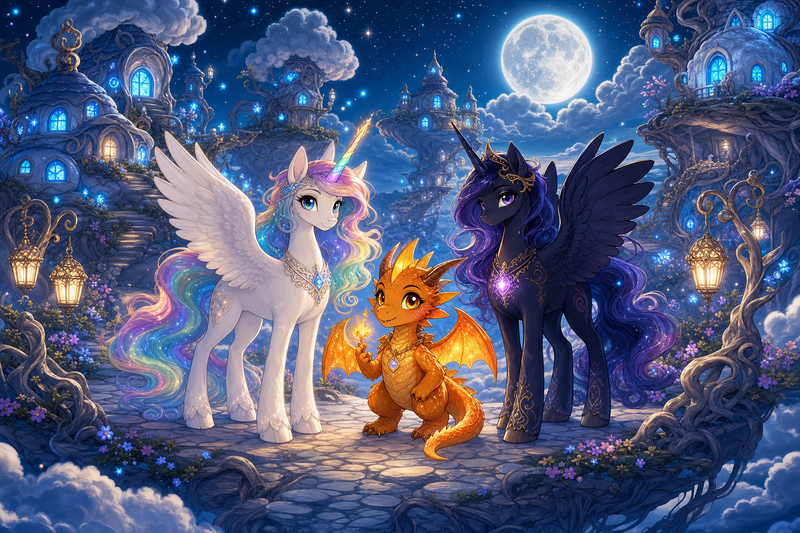 Luna the white alicorn with feathered wings and rainbow horn standing with Ember the orange dragon and Malara the dark alicorn in a floating village of small blue lantern windows above the clouds