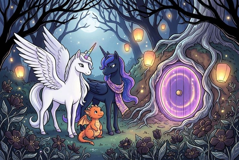 Luna the white alicorn with feathered wings and rainbow horn standing beside Malara the dark alicorn and Ember the orange baby dragon before a glowing violet-gold door in the Shadow Garden, surrounded by silver-veined flowers and warm lantern light
