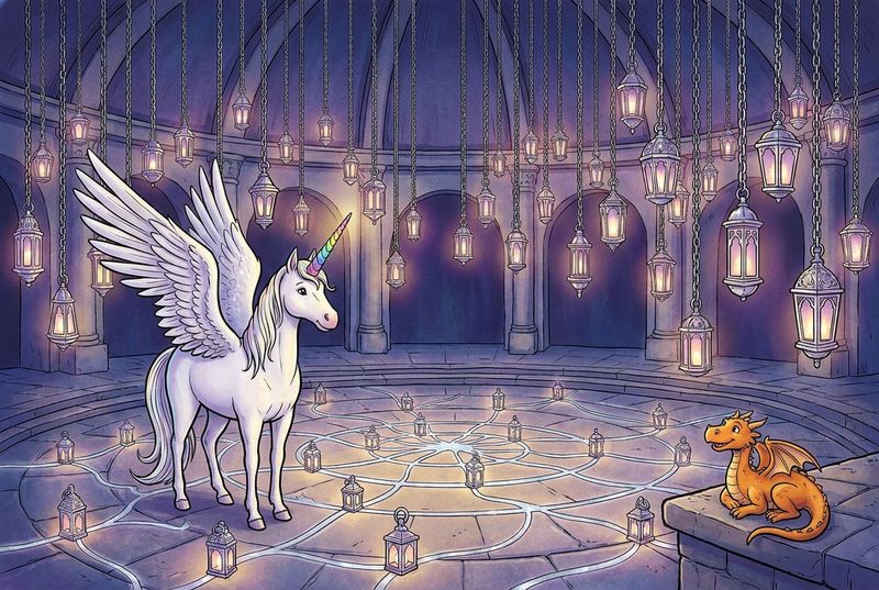 Luna the white alicorn with feathered wings and rainbow horn standing with Ember the orange dragon in a high glowing chamber of hanging silver lamps above a shining map of lantern roads