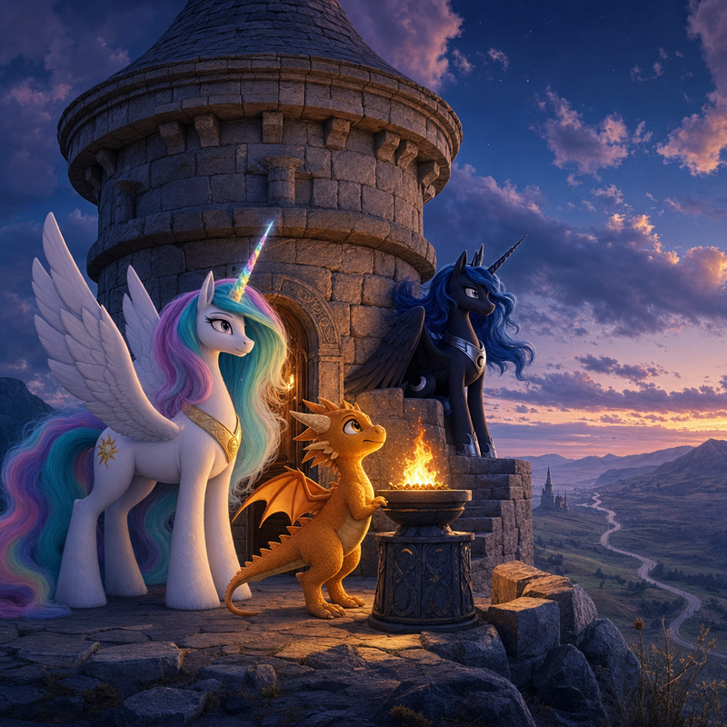 Luna the white alicorn with feathered wings and rainbow horn standing with Ember the orange dragon and Malara the dark alicorn beside an ancient stone watchtower with a small steady watchfire at twilight