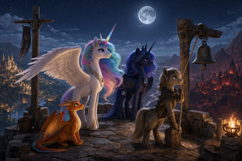 Luna the white alicorn with feathered wings and rainbow horn standing at an old stone watchpost on a moonlit ridge with Ember the orange dragon, Malara the dark alicorn, and a tired mare keeper beside a bell rope overlooking two divided kingdoms below