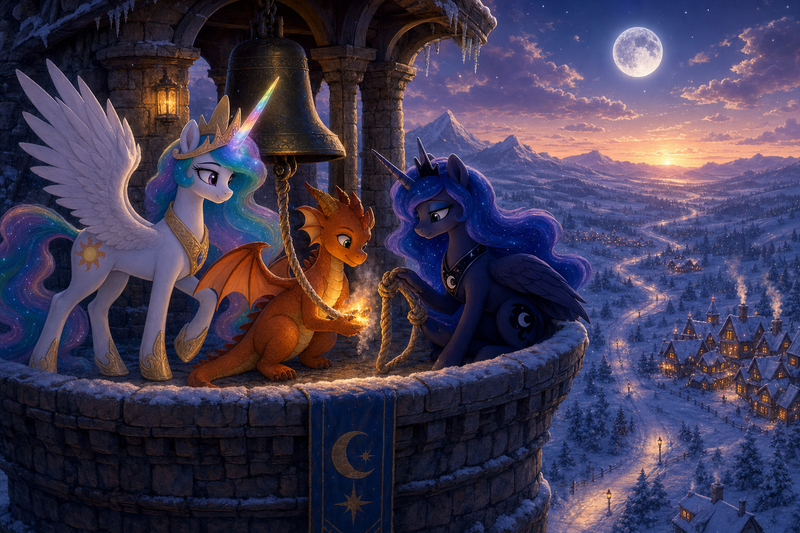 Luna the white alicorn with feathered wings and rainbow horn standing at a snowy stone watchtower with Ember the orange dragon warming a frozen bell rope and Malara the dark alicorn studying two knotted cords while moonlight shines over two hamlets below