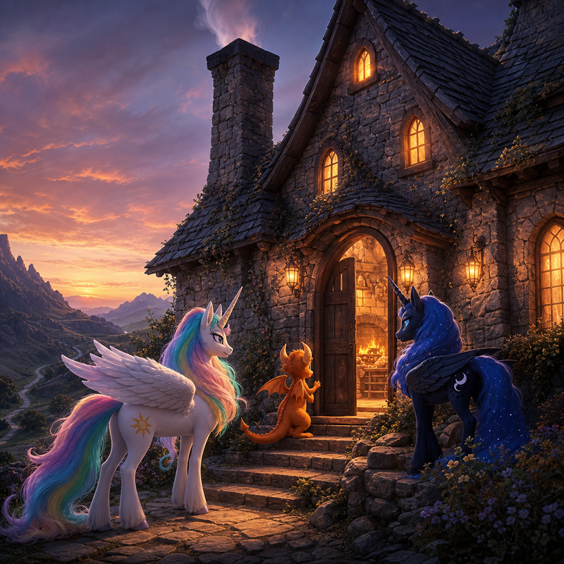 Luna the white alicorn with feathered wings and rainbow horn standing with Ember and Malara beside an old stone wayhouse glowing with hearthlight on a lonely road at dusk