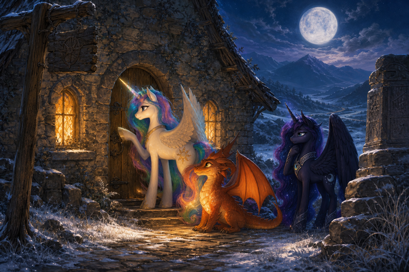Luna the white alicorn with feathered wings and rainbow horn standing at a moonlit stone wayhouse beside Ember the orange dragon and Malara the dark alicorn, with two warm windows, an old witness-slate, and a lonely border road becoming welcoming again