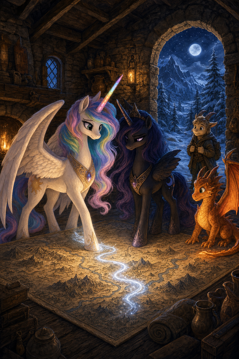 Luna the white alicorn with feathered wings and rainbow horn standing beside Ember the orange dragon and Malara the dark alicorn in a moonlit stone wayhouse, while a glowing old floor map reveals a hidden mountain road and a young goat traveler watches with hope