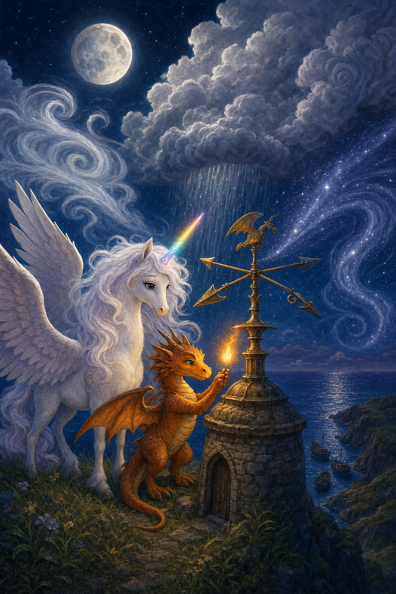 Luna the white alicorn with feathered wings and a rainbow horn stands with Ember the small orange dragon beside an old bronze weathervane on a moonlit sea cliff, as three gentle winds turn above the Listening Isles