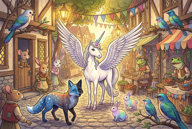 Luna the white alicorn with rainbow horn and feathered wings standing in a sunlit village square, surrounded by colorful In-Between creatures — twilight foxes, two-harmony birds, mood-shifting rabbits — while villagers of Luminara peek out curiously from behind their doors