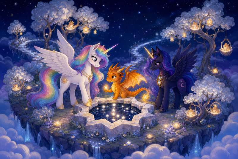 Luna the white alicorn with feathered wings and rainbow horn standing with Ember the orange dragon and Malara the dark alicorn beside a pale star-well on a floating lantern-island above the clouds