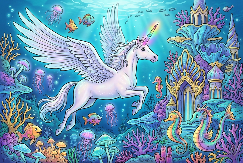 Luna swimming through a glowing underwater kingdom with sea creatures
