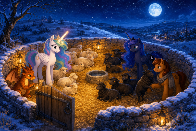 Luna the white alicorn with feathered wings and rainbow horn standing beside Ember the orange dragon, Malara the dark alicorn, and a mare shepherd at a moonlit stone sheepfold with warm straw, a repaired gate, and a snowy hillside beyond