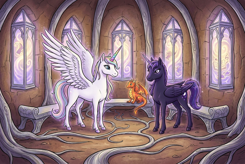 Luna the white alicorn with feathered wings and rainbow horn standing with Malara the dark alicorn and Ember the orange dragon in a glowing underground chamber with low silver benches, round lantern windows, and soft violet-gold story light